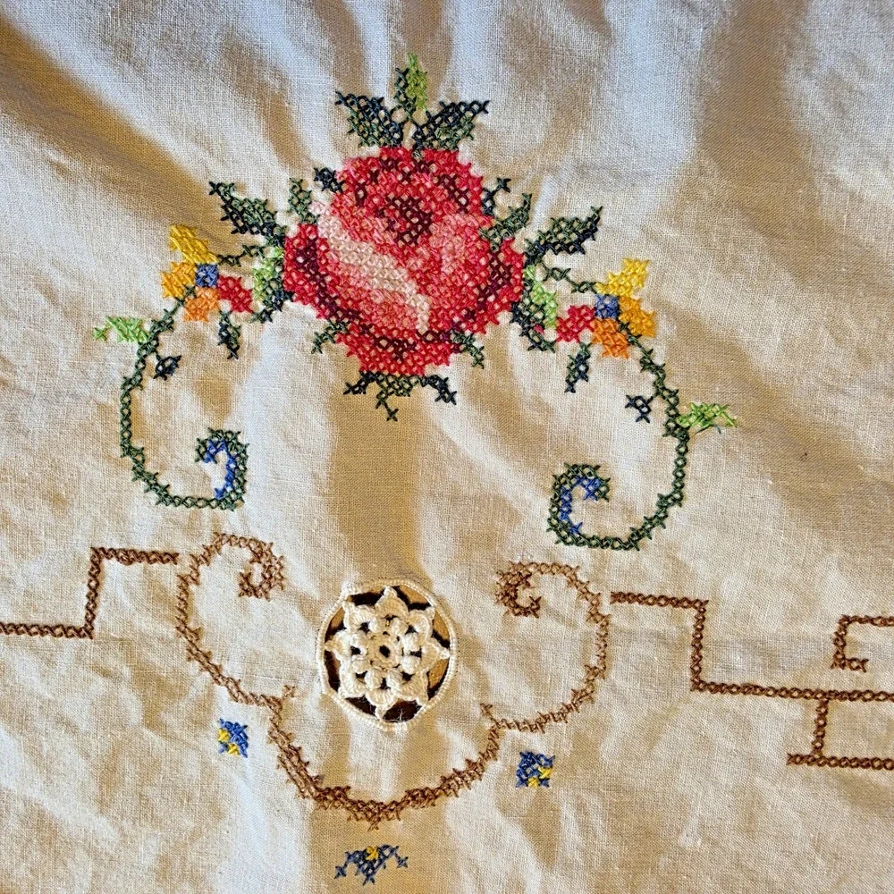 VTG Embroidered Cross Stitch Linen Tablecloth 112x64 White Crochet Edge Handmade